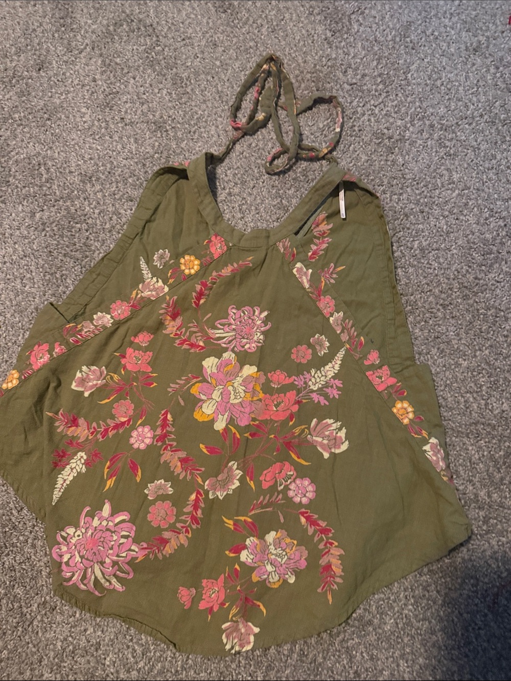 Free People Olive Halter Cami with Pink & Yellow Floral Embroidery